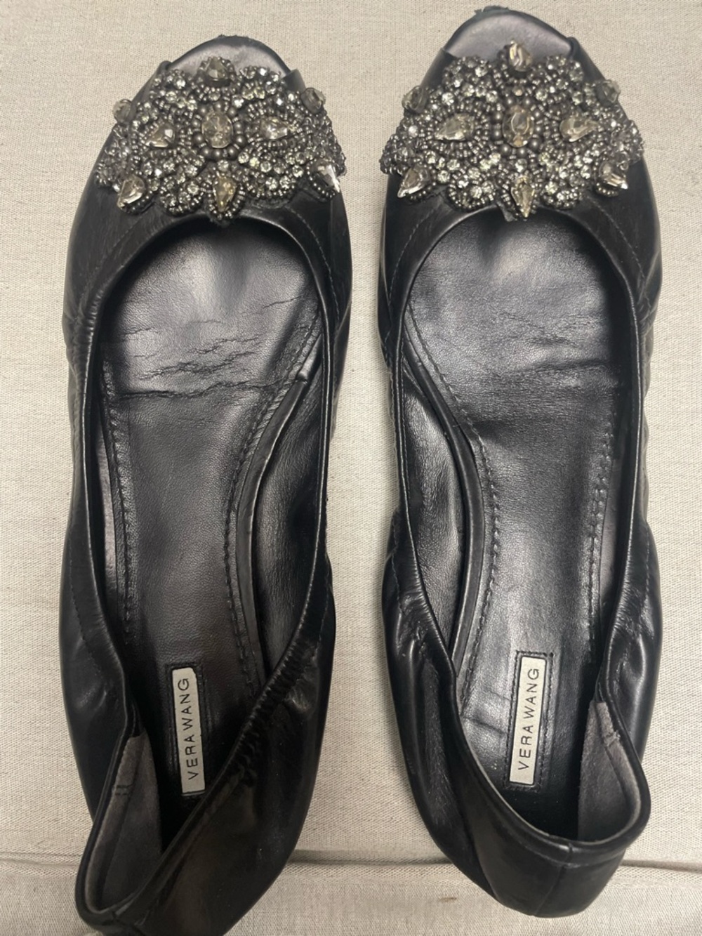 Vera Wang SiZE 9  Black Peep Toe Embellished Leather Ballet Flats